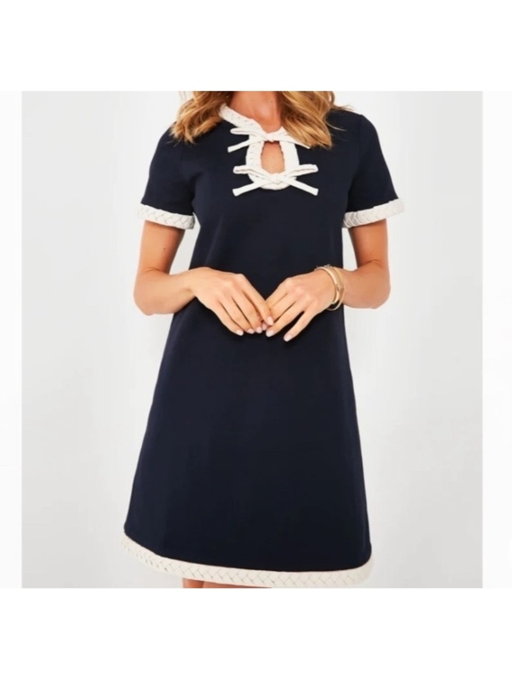 Tuckernuck Olivia Navy Bow shift dress cream braided trim M cottage core